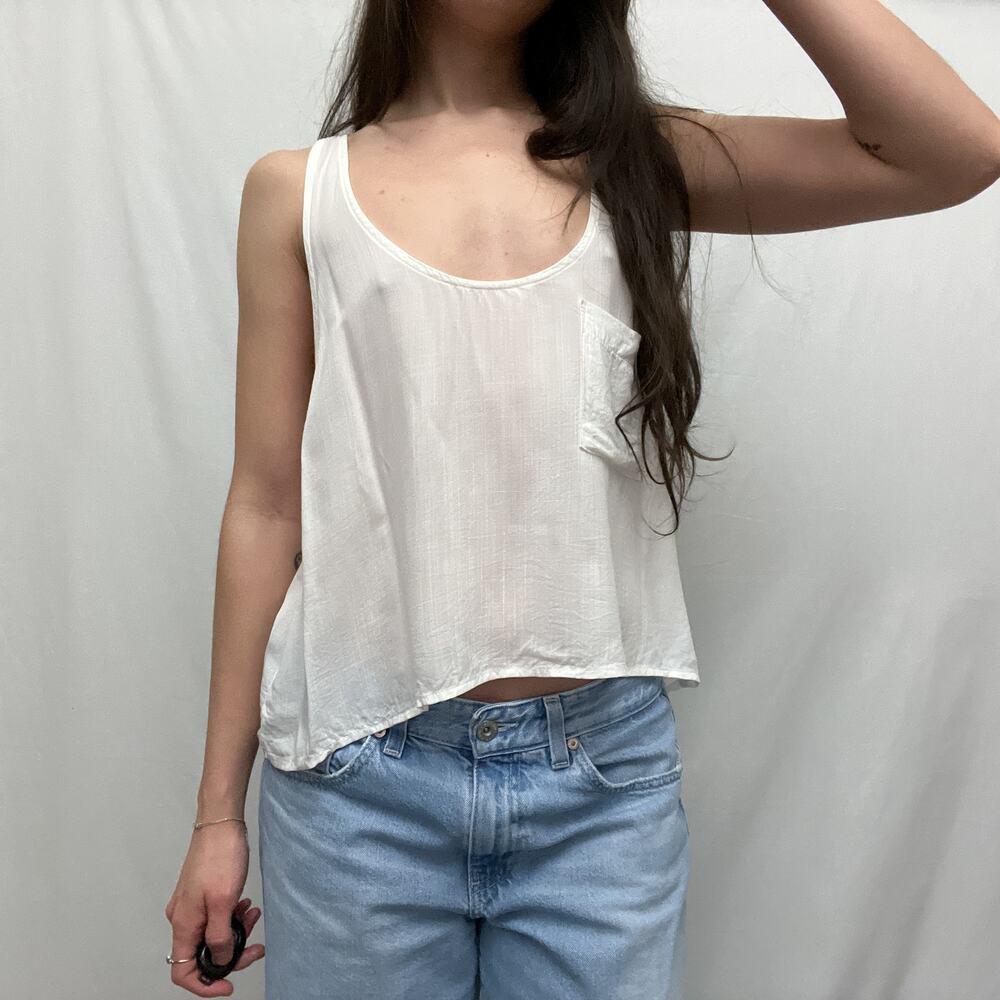 y2k cream white boho relaxed beachy deep scoop neck plunge pocket flowy tank top